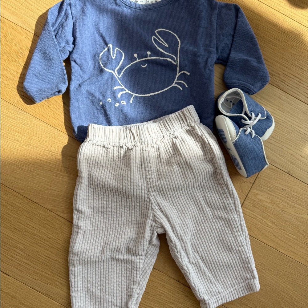 Baby Blue Crab Sweater and Cream Pants Set with Shoes | Zara & Mayoral 3-6m